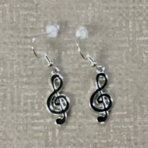 Silver-Toned Black Treble Clef Earrings