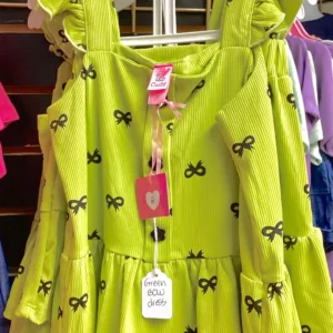 Girl's Green & Black Bow Dress And Shorts Set